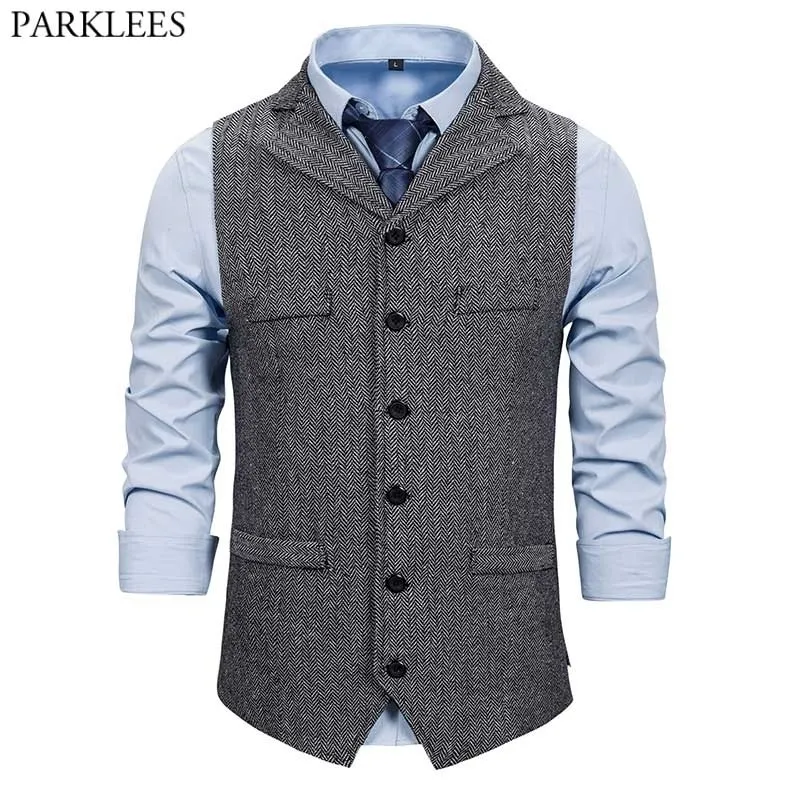 Mens Tailored Collar Herringbone Tweed Terno Vest Slim Fit Negócios Formal Negócio Sem Mangas Mangas Homens Vintage Cavalheiro Vestido Vestido 210522