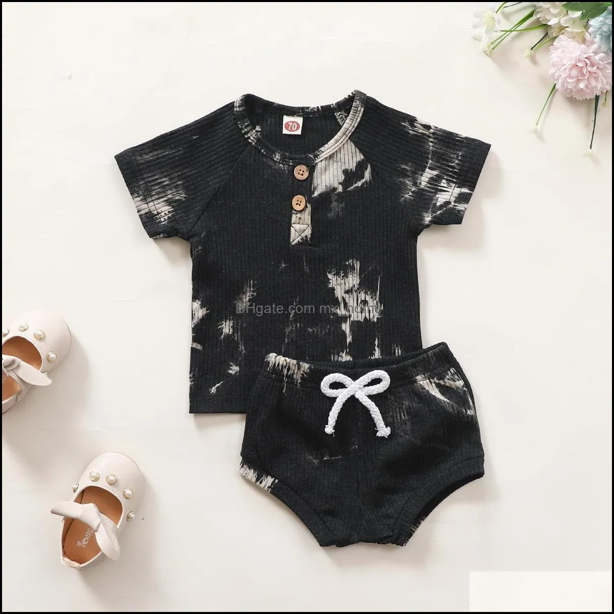 INS Baby Kids Girls Boys Children Clothing Sets Tie Dyed Knitted Cotton Suits Short Sleeve Tops Straps Shorts 2Pieces Summer Outfits