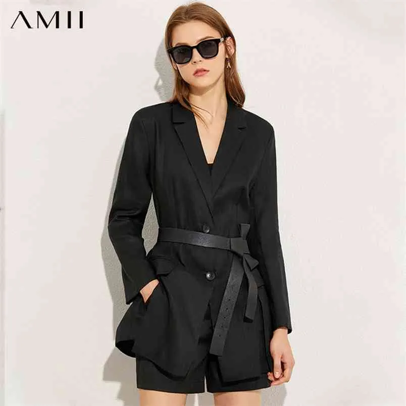 Minimalizm Sonbahar Moda Kadınlar Set Keten Katı Yaka Takım Elbise Ceket Yüksek Bel Düz Nedensel Kısa Kadın 1207 210527