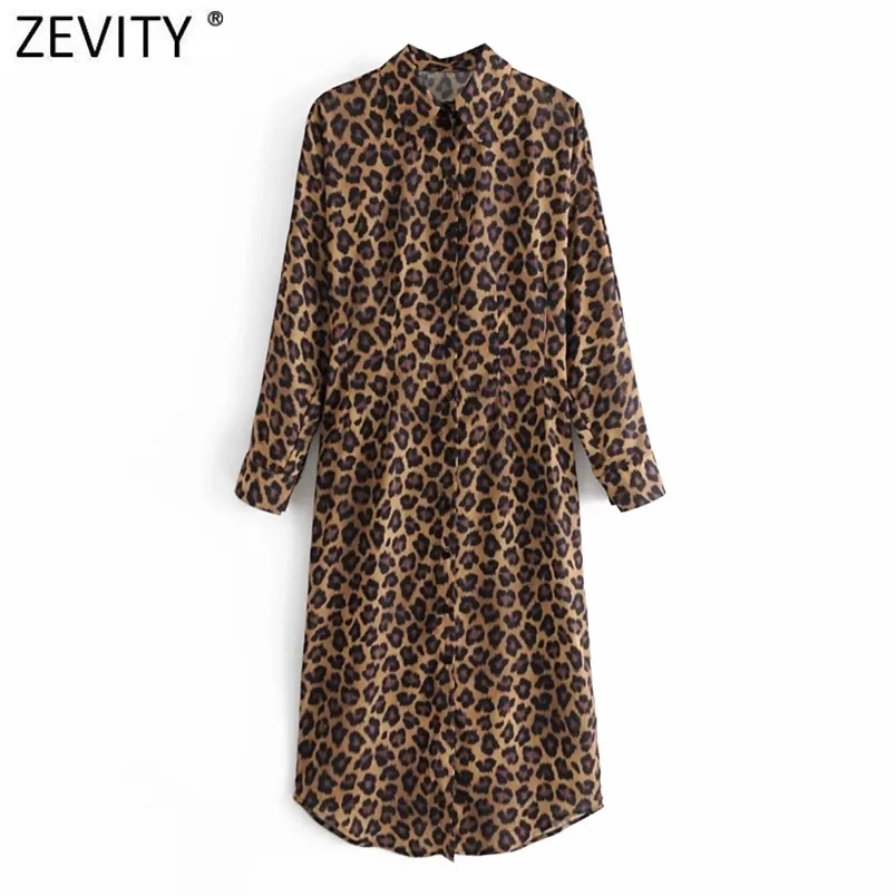 Kobiety Vintage Turn Down Collar Leopard Print Casual Shirt Sukienka Damskie Chic Długie Rękaw Platy Midi Vestido DS5001 210420