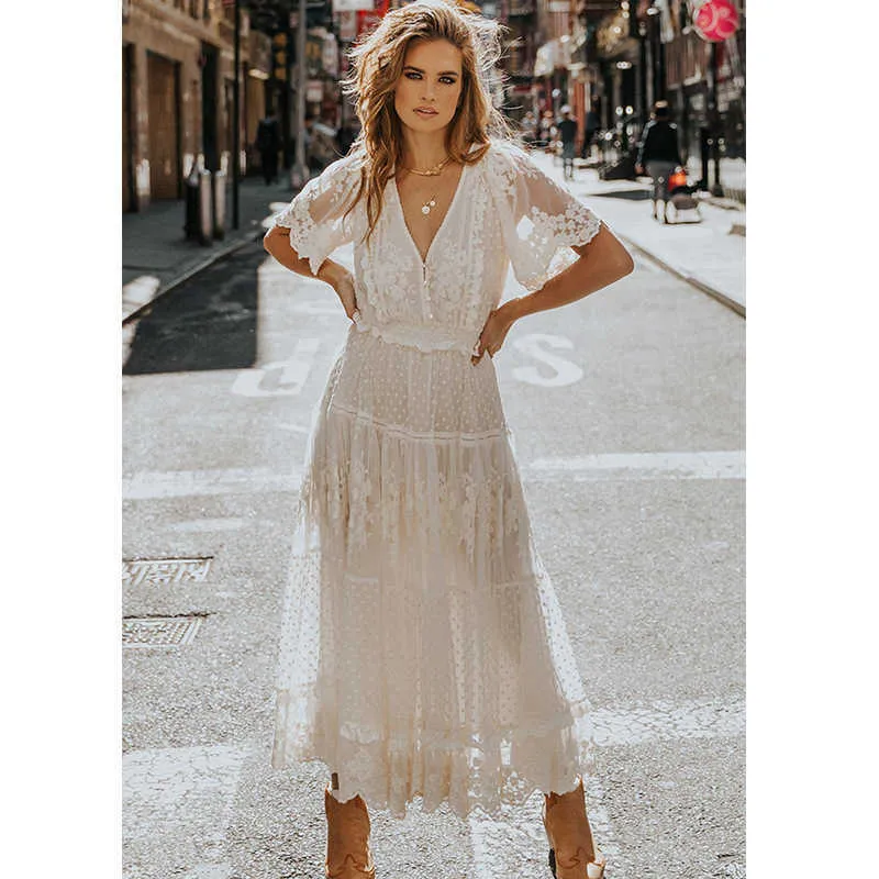 White Elegant Dresses Sexy V Neck Lace Dress Long Puff Sleeve Butterfly Dress For Women main image 1