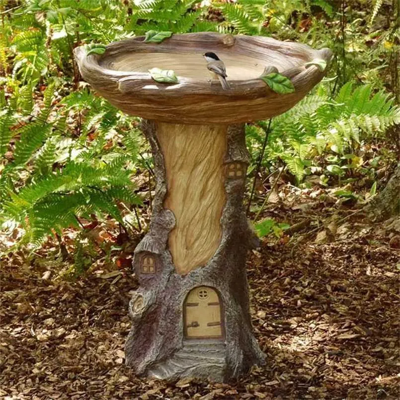 Pełnowymiarowa bajka ptak birdbath z miniaturowym domem w pniu drzewa ręcznie malowane wszystkie pogoda Drewniana żywica Jardin 211108