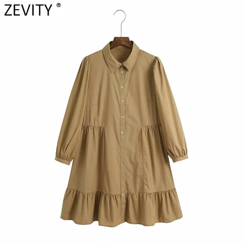 Women Fashion Puff Sleeve Solid Color Breasted Poplin Shirt Dress Chic Office Lady Pleat Ruffles Casual Straight Vestidos DS8243 210420