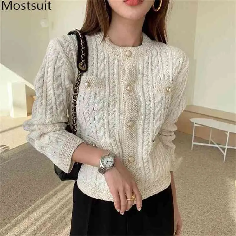 Koreanische Vintage Elegante Twisted Gestrickte Strickjacken Pullover Frauen Herbst Langarm einreiher Perle Knöpfe Tops Femme 210513