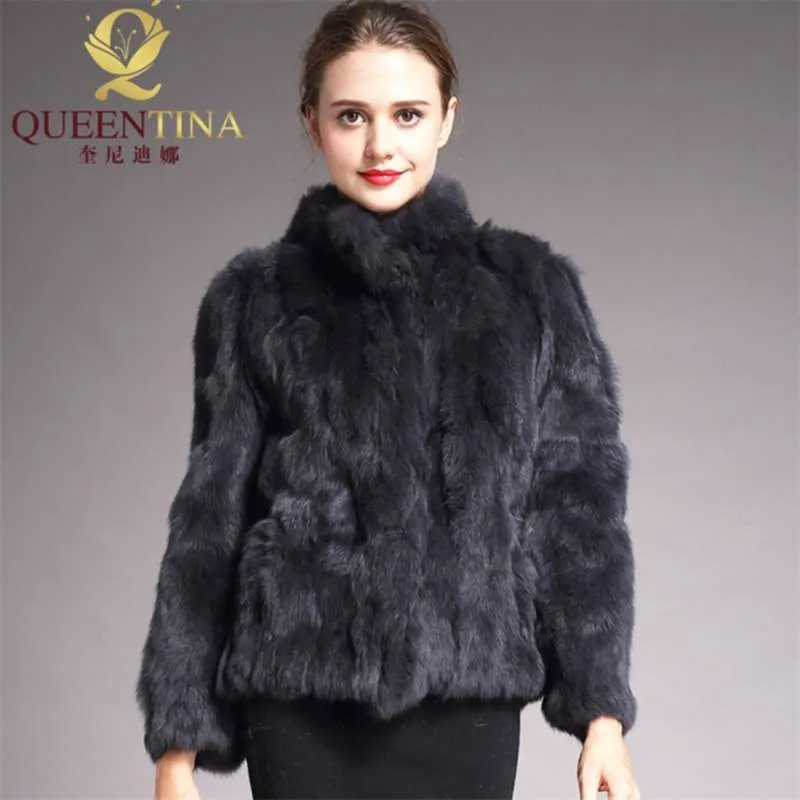 Hohe Qualität Echt Pelzmantel Mode Echte Kaninchen Mäntel Elegante Frauen Winter Outwear Stehkragen Jacke 210928