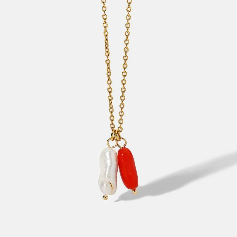 Natural Freshwater Pearl Red Coral Pendant Stainless Steel Necklace For Women Unique Choker Jewelry Summer Party Necklaces