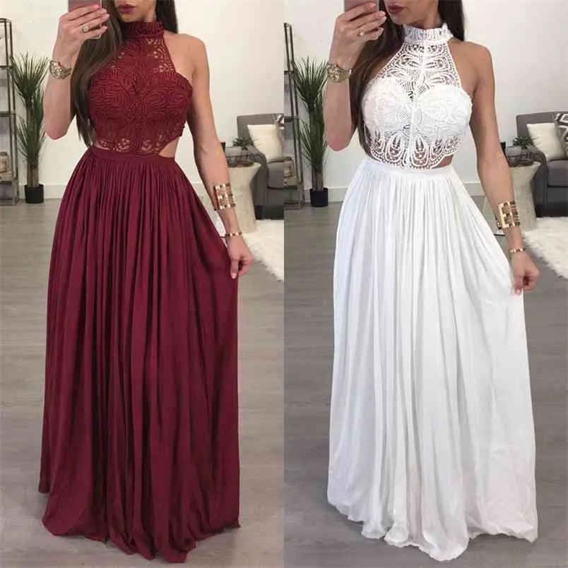 Women Chiffon Dress Fashion Lace Maxi Ladies Backless Sexy Hollow Out Skinny Boho Elegant Evening Party Halter Female Clothing 210522