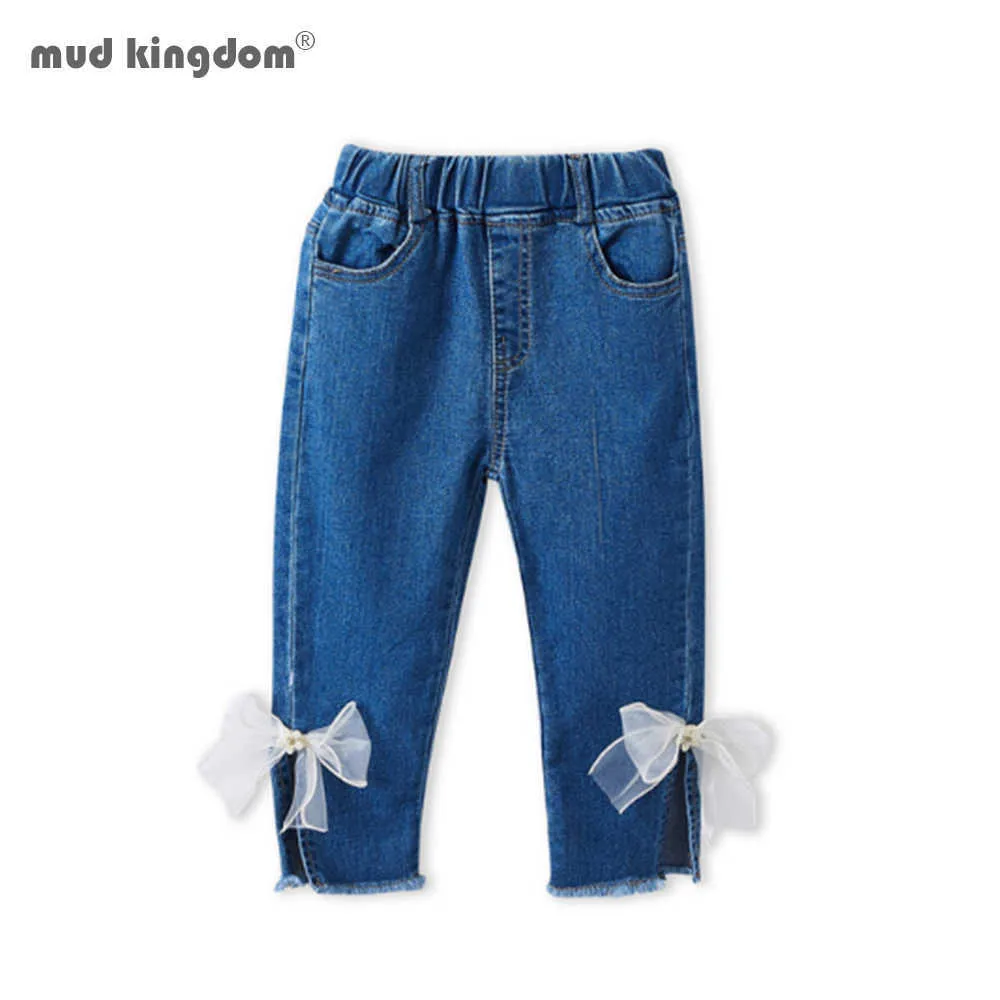 Mudkingdom Baby Girls Jeans Elastic Waist Kids Split Hem With Bow Autumn Novelty Clothes For Infant 210615