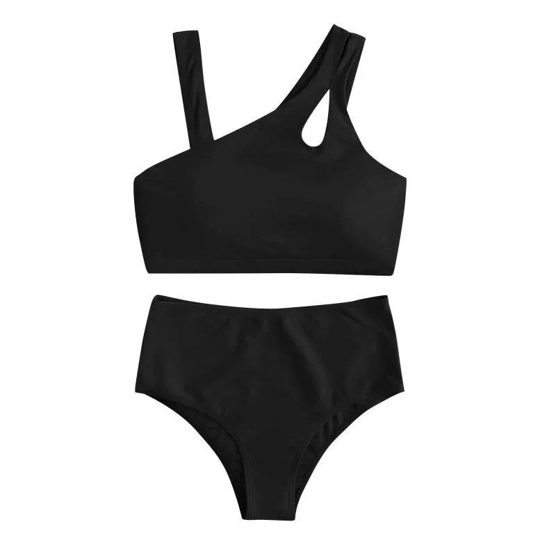 Damskie stroje kąpielowe Dwuczęściowe kobiety Swimsuit Seksowna Wysoka Talia Bandau Bandaż Halter Czarny Solidny Kolor Bikinis Zestaw Maillot de Bain Femme Unes Piè