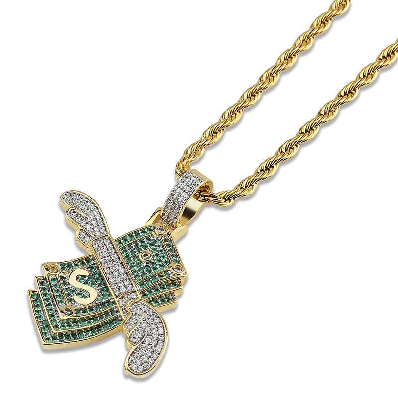 Hip Hop Green CZ Cubic Zirconia Pave Bling Ice Out Flying Dollar Money Pendants Necklace for Men Rapper Jewelry Drop Shipping X0707