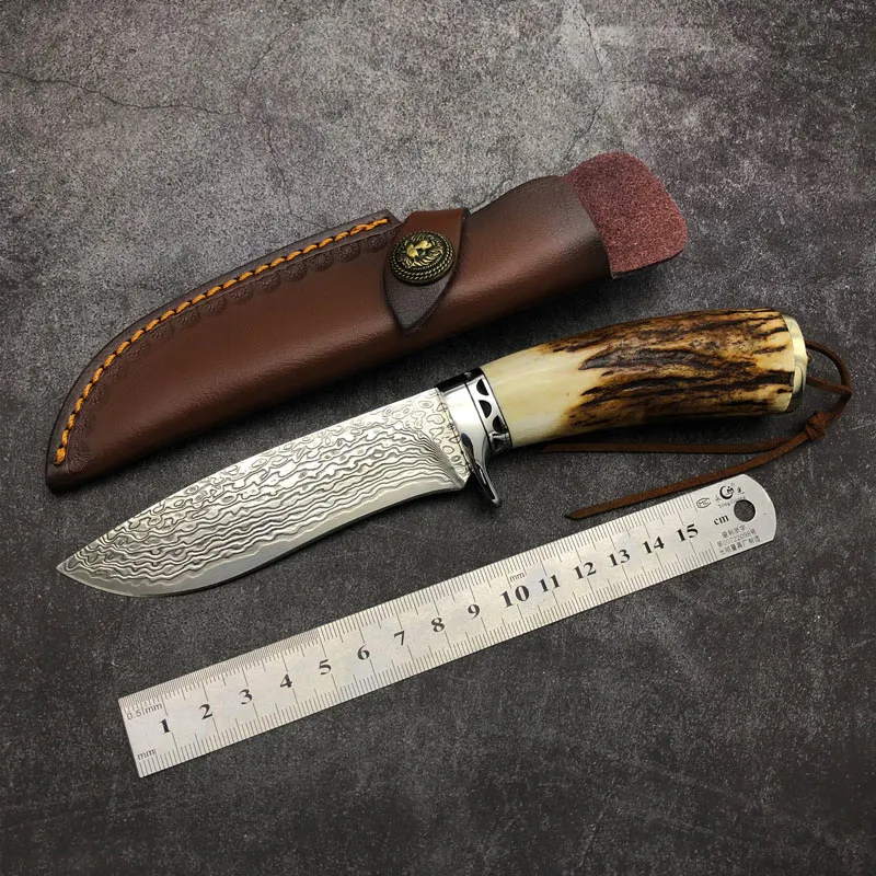 مصنوعة يدويًا VG10 Damascus Blade Stag سكين مستقيم مع غمد الجلود التخييم في الهواء الطلق صيد الدفاع عن سكاكين شفرة ثابتة