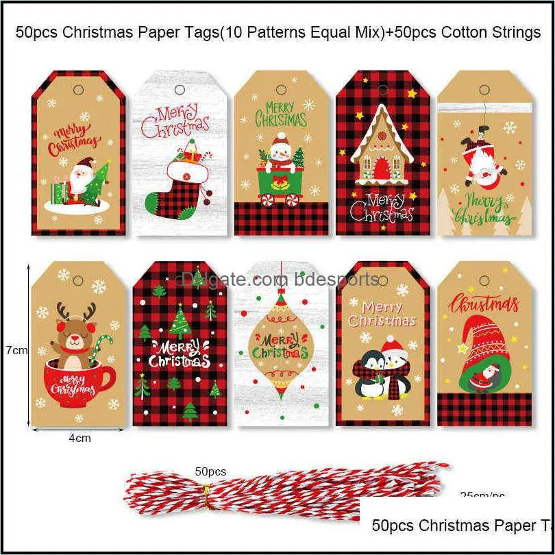 50Sets Christmas Kraft Paper Tags Merry Christmas Snowman Deer Gift Packaging Label Card Xmas Party Decor Hang Tags Garment Tag Y1230