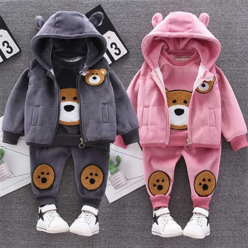 Roupas de bebê Outono e inverno ouro veludo grosso terno quente cartoon urso com capuz camisola menino menina fleece crianças conjunto de 3 peças conjunto 220118