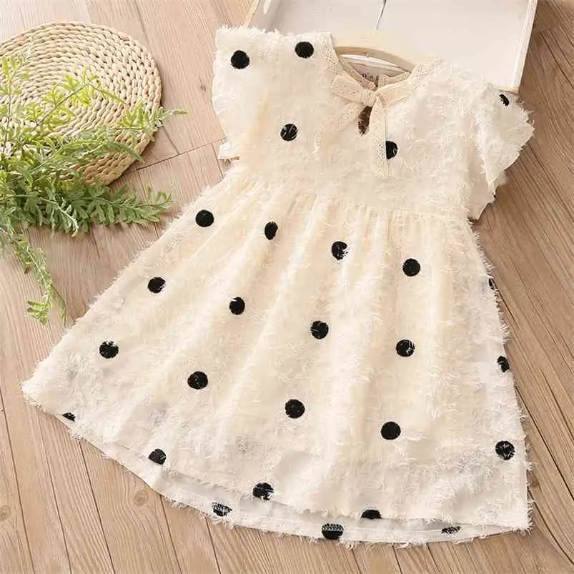 Summer Fashion European American Style Design 2 3 4 5 6 7 8 9 10 Years Kids Elegant Beige Bow Dot Dress For Baby Girls 210625