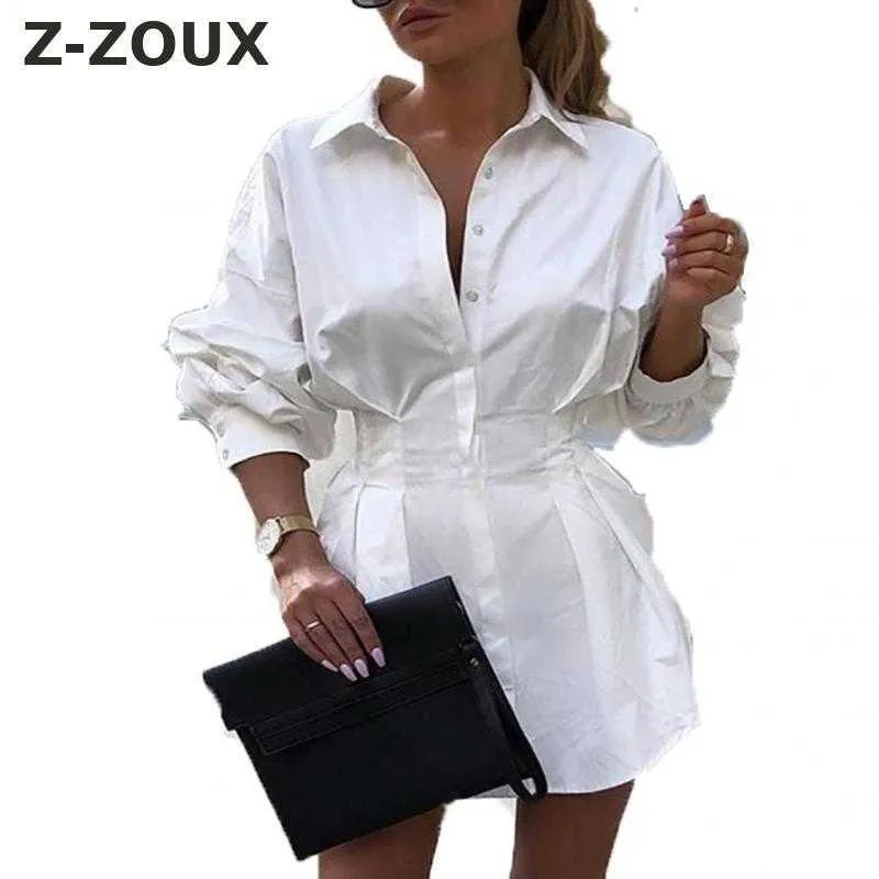 Vestido de mujer manga larga camisa de un solo pecho es plisado cintura alta blanco sexy mini es primavera verano 210524