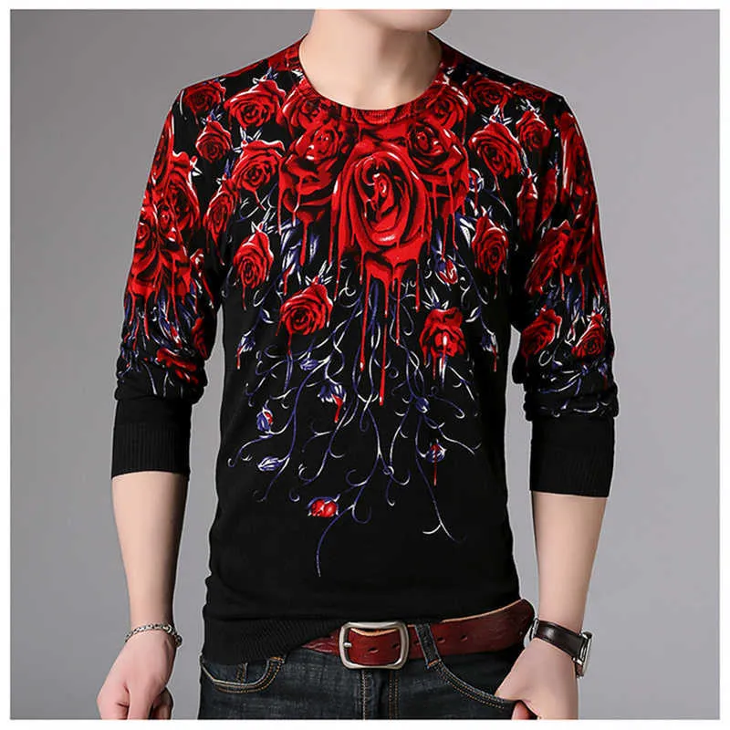 Creative 3D Rose Pattern Printing Fashion Fancy Pullover Stickad tröja Höstkvalitet Mjuka bekväma män M-XXXL 210909