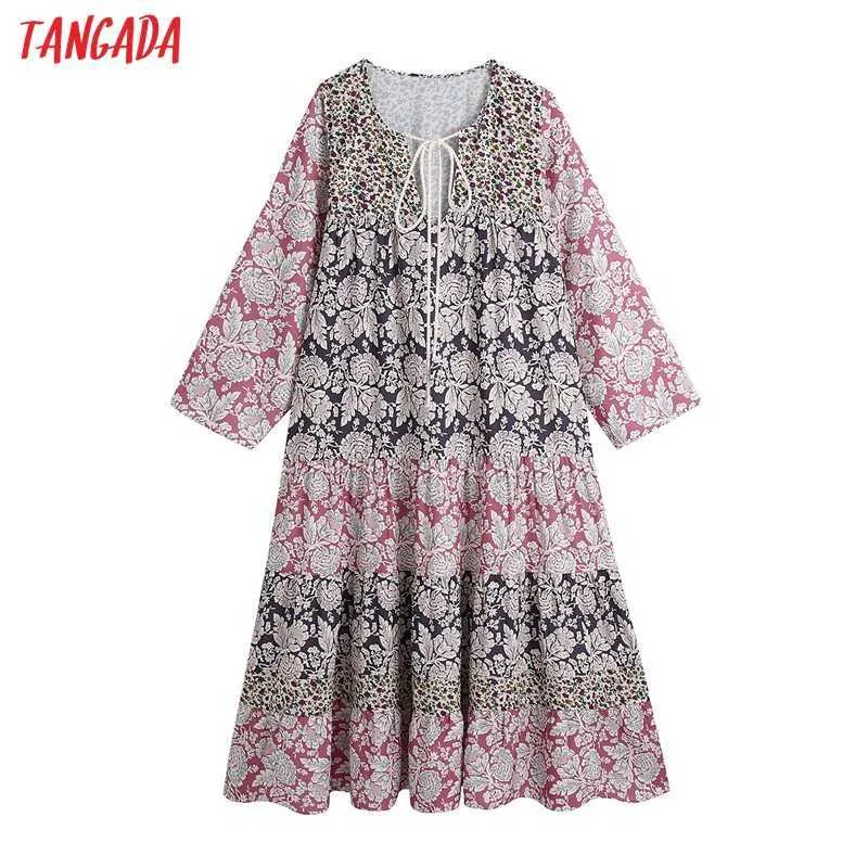 Tangada Women Vintage Floral Print Tassel Loose Midi Dress Chic Female V Neck Long Sleeve Retro Boho Vestido BE949 210609