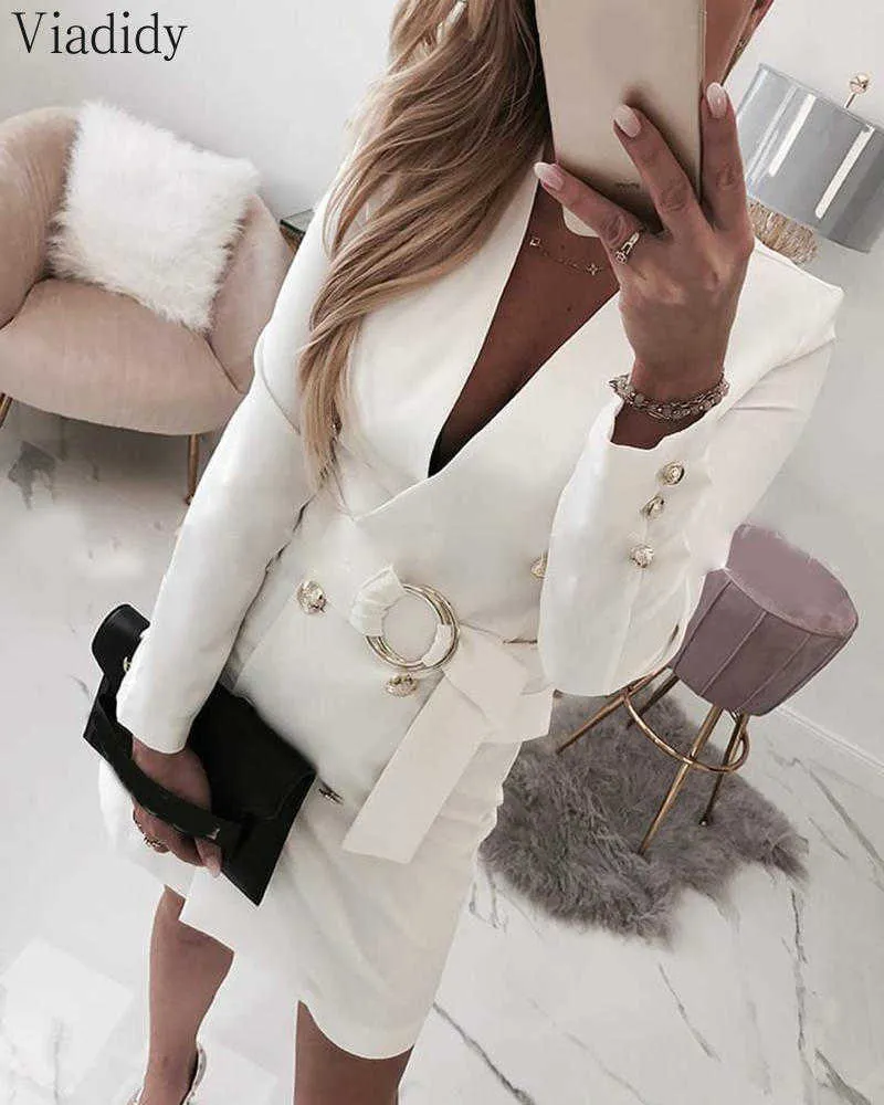 Mulheres profunda v pescoço escritório senhora manga longa blazer vestido elegante botão design branco vestido com cinto y0726