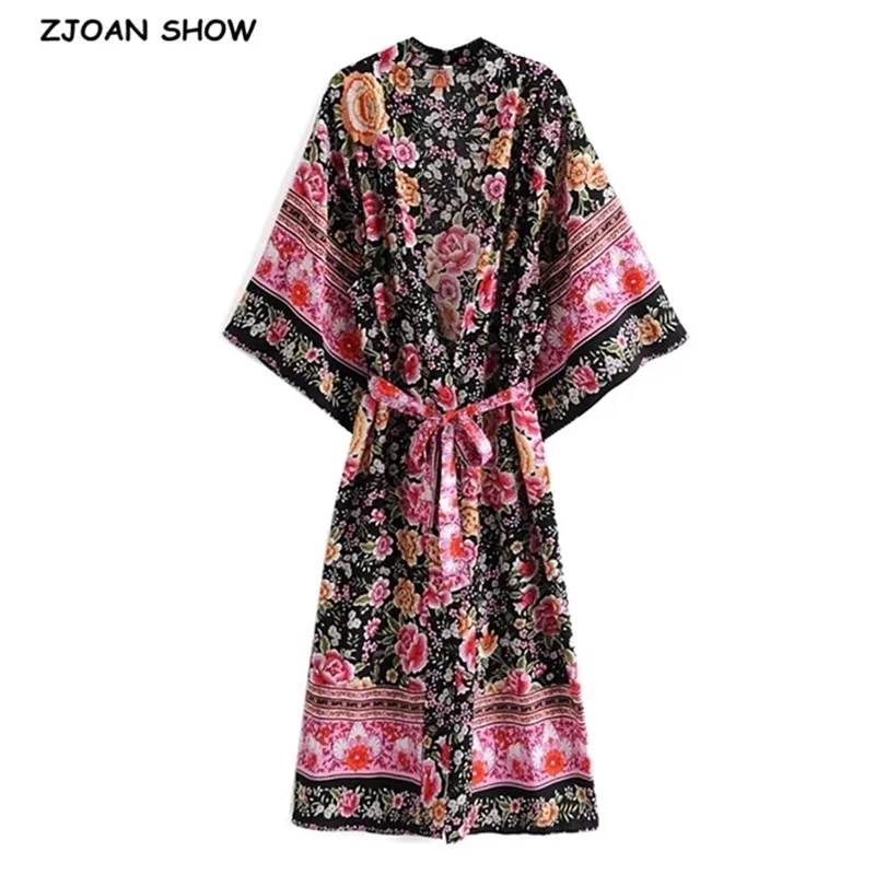 Bohemia V neck Hit Color Flower Print Maxi Long Kimono Shirt Women Lacing up Bow Sashes Cardigan Holiday Loose Blouse Tops 210429