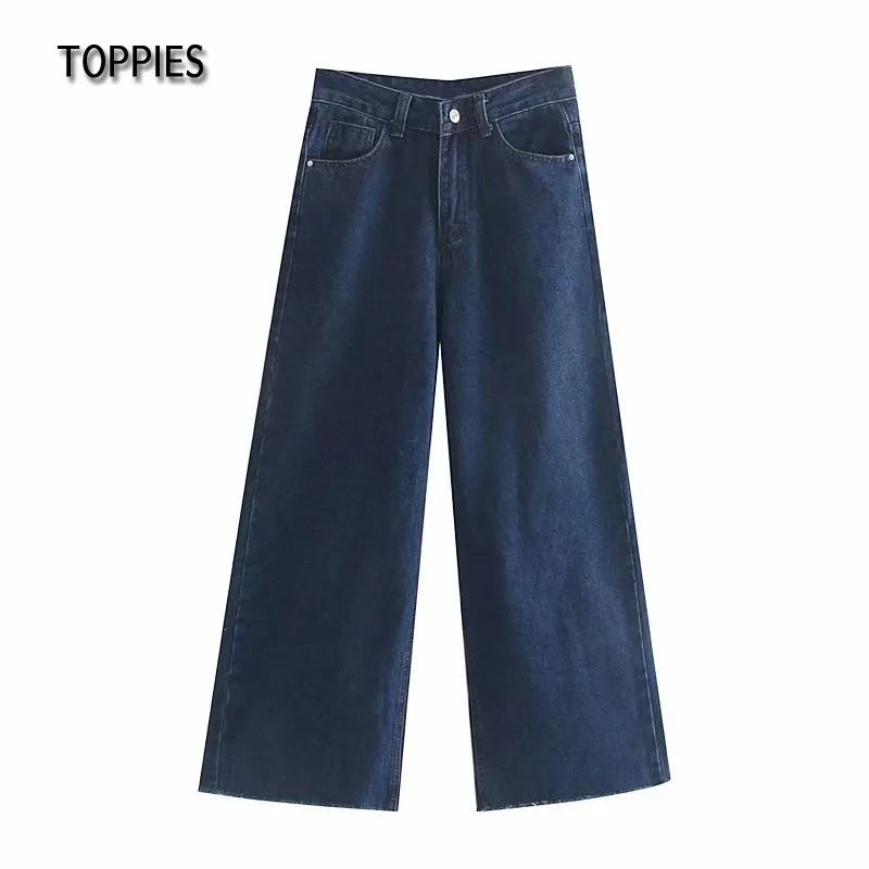Toppies Hohe Taille Breite Bein Hosen Jeans Frau Lose Hosen Weibliche Navy Blau Denim Hosen Streetwear 210412