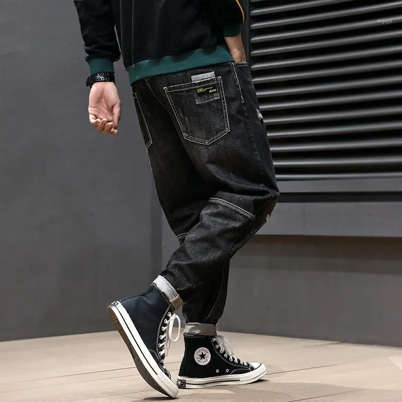 Estilo japonês fashin homens jeans vintage desenhador rasgado homme Emenda retro preto harem calças streetwear hip hop homens