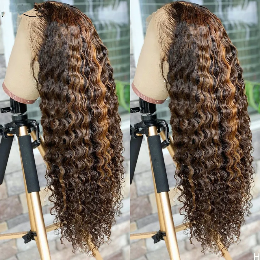 Evidenziare Parrucche anteriori in pizzo per capelli umani Onda profonda Ombre Colorate Glueless Pre pizzicate hd Parrucca trasparente riccia con lacci d'acqua Biondo miele Capelli veri 150% densità