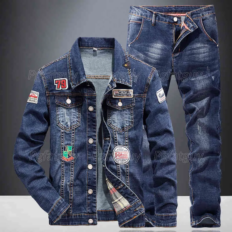 Odznaka Patch Design Męskie 2 sztuki Zestawy Wiosna Jesień Dark Blue Denim Kurtka i spodnie Moda Slim Para Dżinsy Garnitur Ropa Hombre