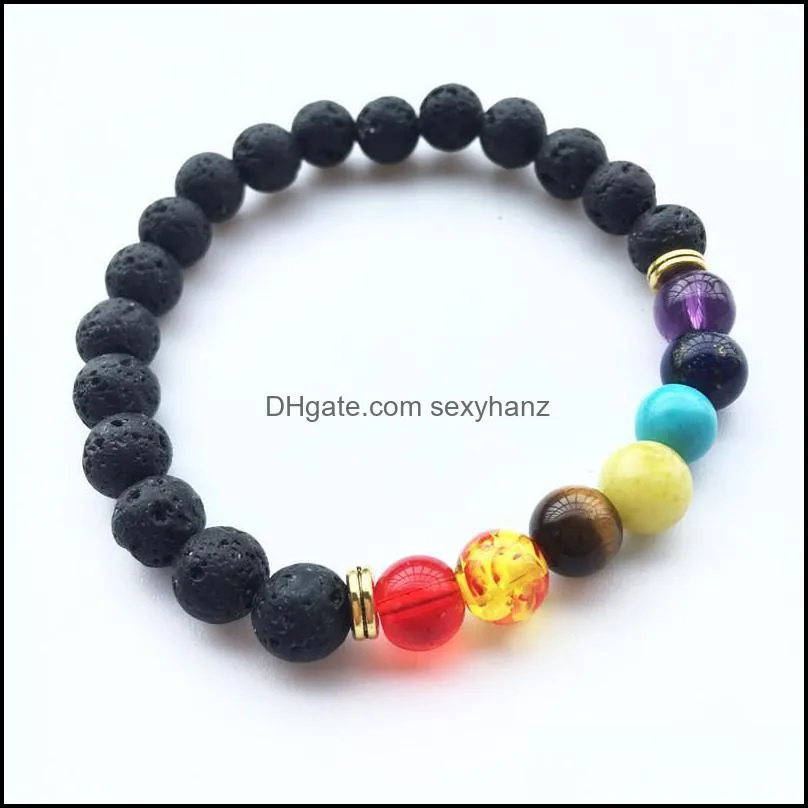 Seven Chakras Bracelets Volcanic Stone Hand Beads Energy Yoga Men`s White Pine Tiger Eye Bracelet Beaded, Strands