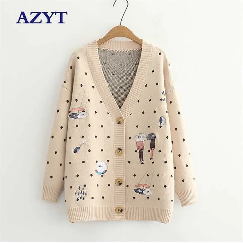Azyt herfst dot cartoon print knit vest vrouwen v-hals lange mouwen shirt tops vrouwelijke harajuku trui jas 211011