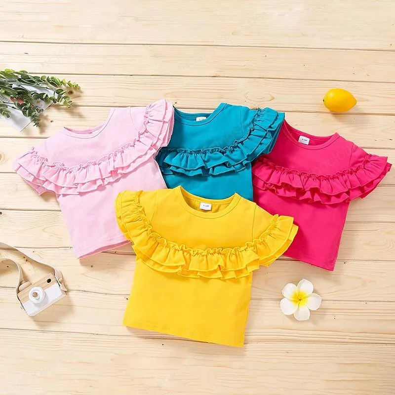 kids clothes girls Blank Pure Cotton T-shirts Tees children ruffle sleeve Solid color Tops Summer fashion Korean version baby Clothing