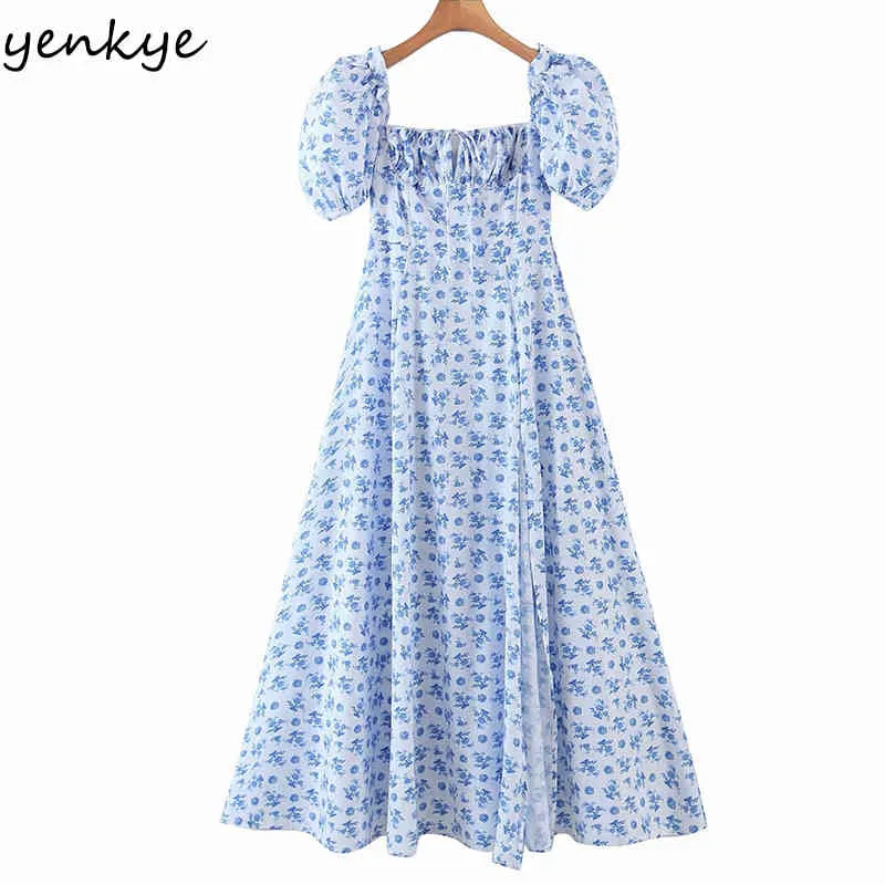 Blå blommig tryck elegant lång maxi klänning kvinnor fyrkantig nacke kort ärm sexig slits a-line sommar robe longue 210430