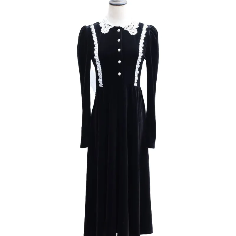 DRESS WITH CUTWORK EMBROIDERY Plus Size Spring Velvet Evening Vintage Party Oversize Women Dresses BlackVestido 210417
