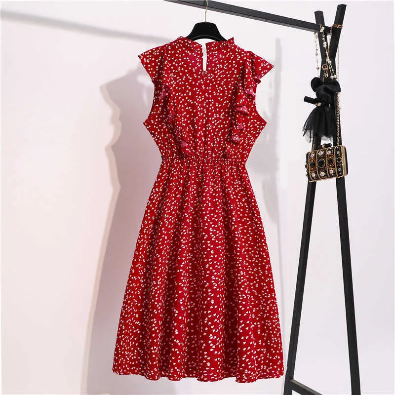 Vintage Butterfly Rękaw Ruffles Heart Dot Dring Dress Kobiety Średnie Długie Szyfonowe Panie Wiosna Letnia Dress Red Black Blue Y0603
