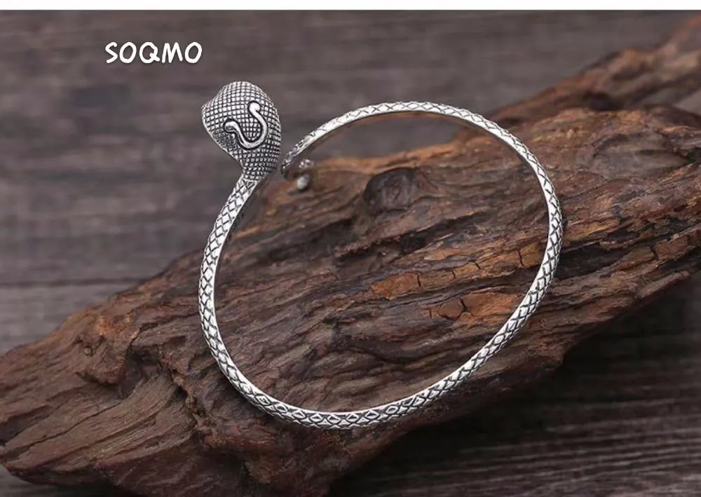 Pure Silver Snake Otwarte bransoletki dla kobiet Mężczyźni Prezent około 18 cm Vintage Animal Bransoleta Thai Biżuteria SQM086 Bangle2695