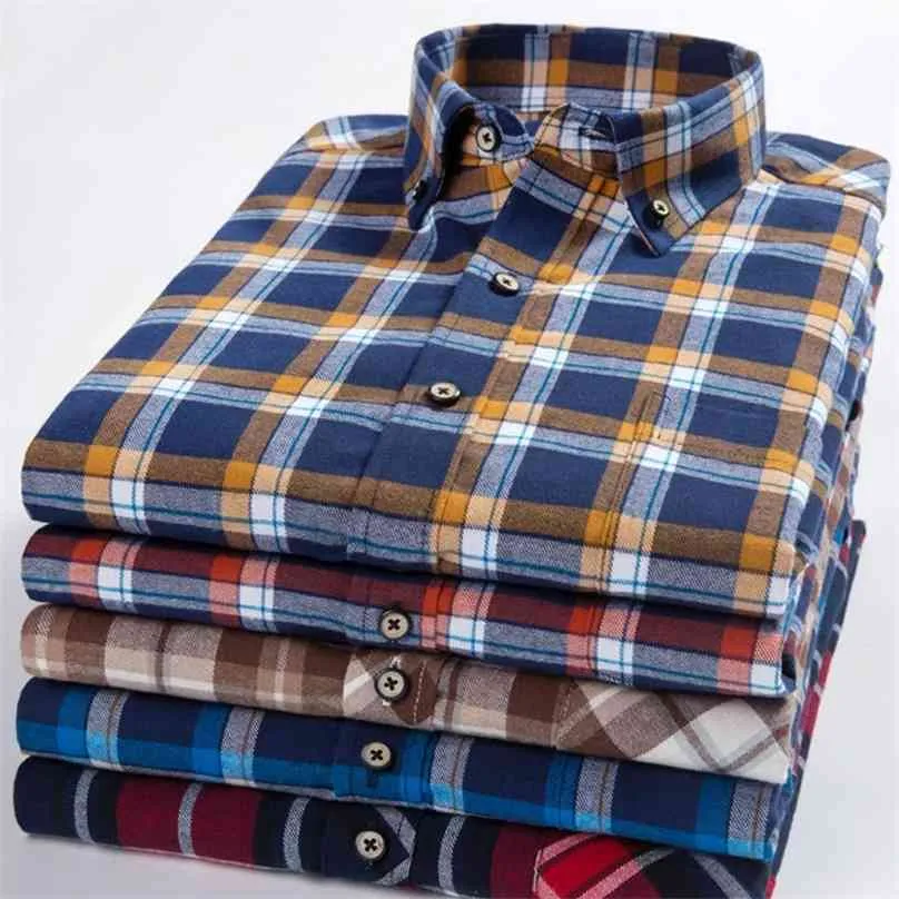 Ren bomull högkvalitativ stor storlek 8xl 7xl 6xl Herrtröjor Långärmad Flannell Plaid Klänning Skjorta Man Casual Slim Fit Kläder 210626