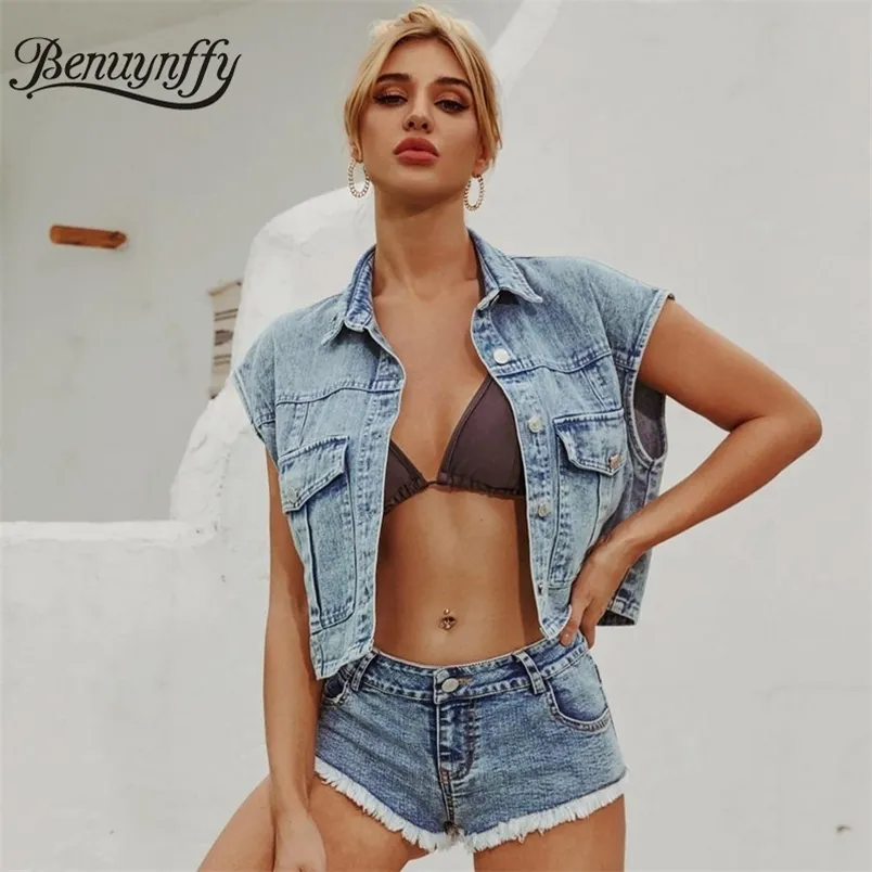 Sexy Vintage Bez Rękawów Denim Kurtka Kobiety Jesień Zima Lapel Casual Streetwear Umyte Dżinsy Kamizelka Coat Outerwear 210510