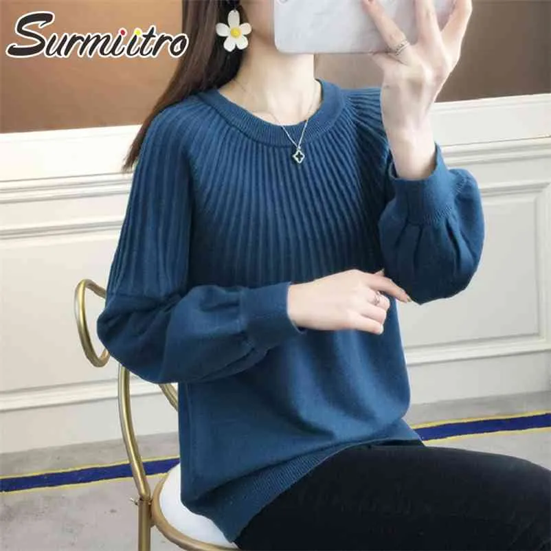 Весна осень корейский стиль вязаный свитер женщин полосатый с длинным рукавом джемпер пуловер женский синий черный трикотаж 210421
