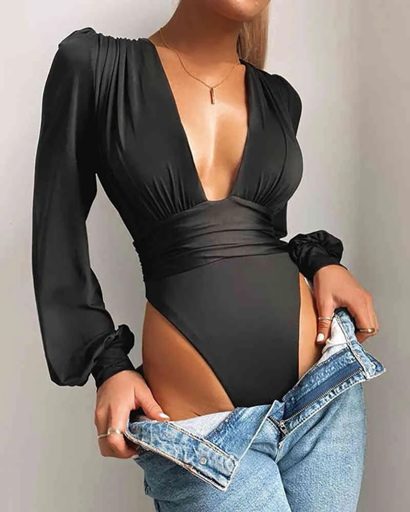 İlkbahar Sonbahar Kadın Katı Puf Kol Dalma Dantelli Bodysuit Düz V Yaka Rahat Vücut Üst Patchwork Tulum Femme Yeni 210415