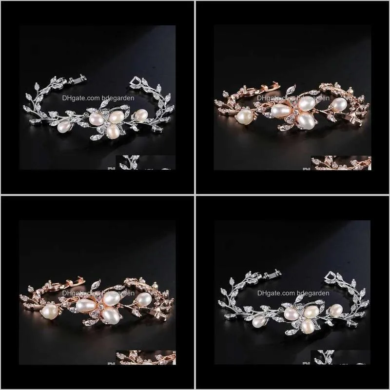 uilz trendy rose gold color wedding bracelets with cz zirconia cluster flower imitation pearl women bracelets jewelry ub020