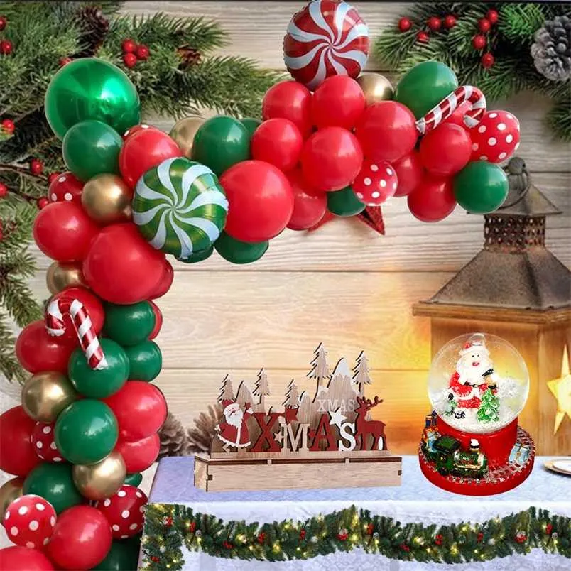 1set 75pcs Joyeux Noël Ballons Guirlande Rouge Vert DIY Ballon Chaîne Hélium Feuille Ronde Bonbons Globos Père Noël Navidad Canes 211216