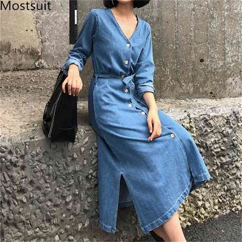 Herbst Blau Koreanische Denim Lange Kleid Frauen Hülse V-ausschnitt einreiher Gürtel Splitting Vintage Kleider Vestidos 210513