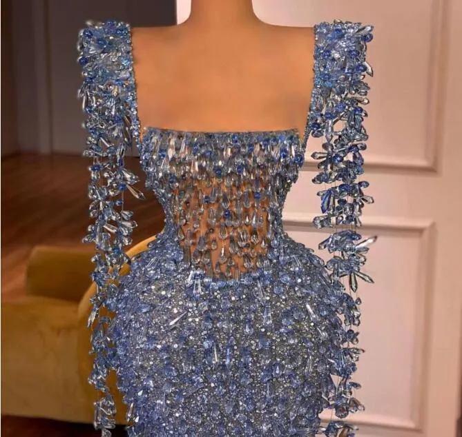 Abendkleid Damenbekleidung Balqeesfathi Nawalelzoghbi Perlen Blaue Kristalle Mantel Langarm Meerjungfrau Split Yousef aljasmi Myriam Fares Kim Kardashian