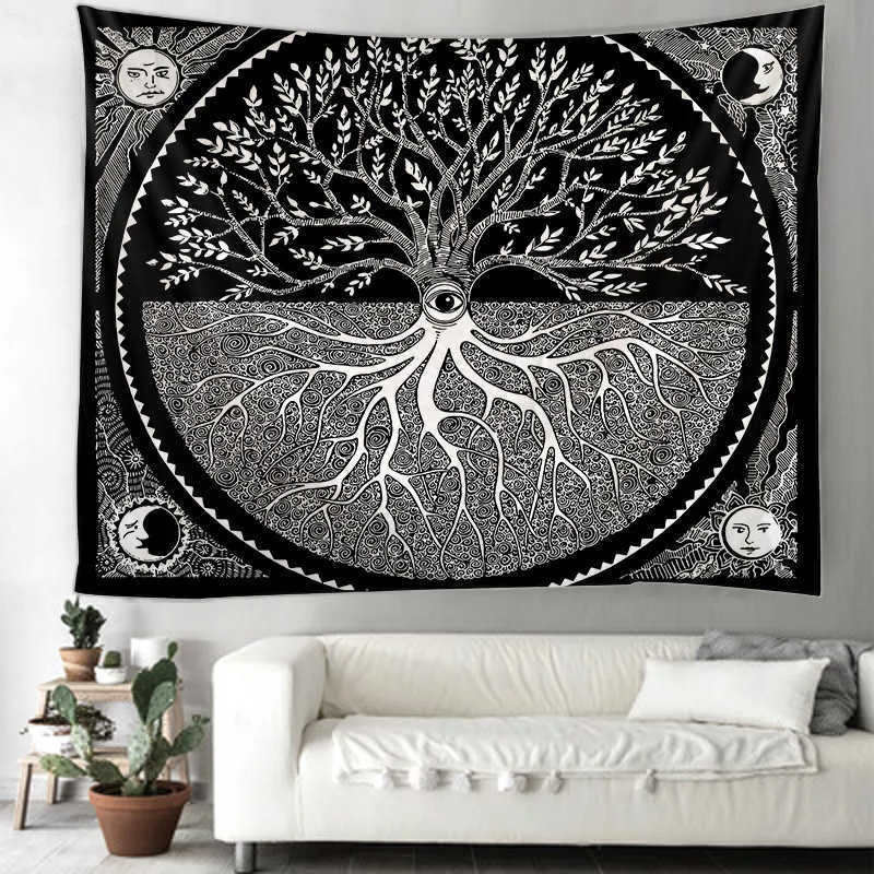 Czarno-białe drzewo Gobelin Indian Mandala Witchcraft Hippie Mobrawry Boho Decor Macrame Wall Wiszące Gobelin 210609