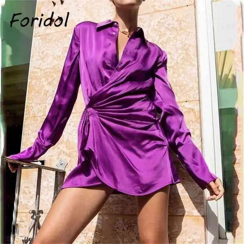 Foridol Shirred Satin Shirtドレス女性長袖レディース短編パーティー紫色のドレスボタンアップ春秋の女性ドレス210415