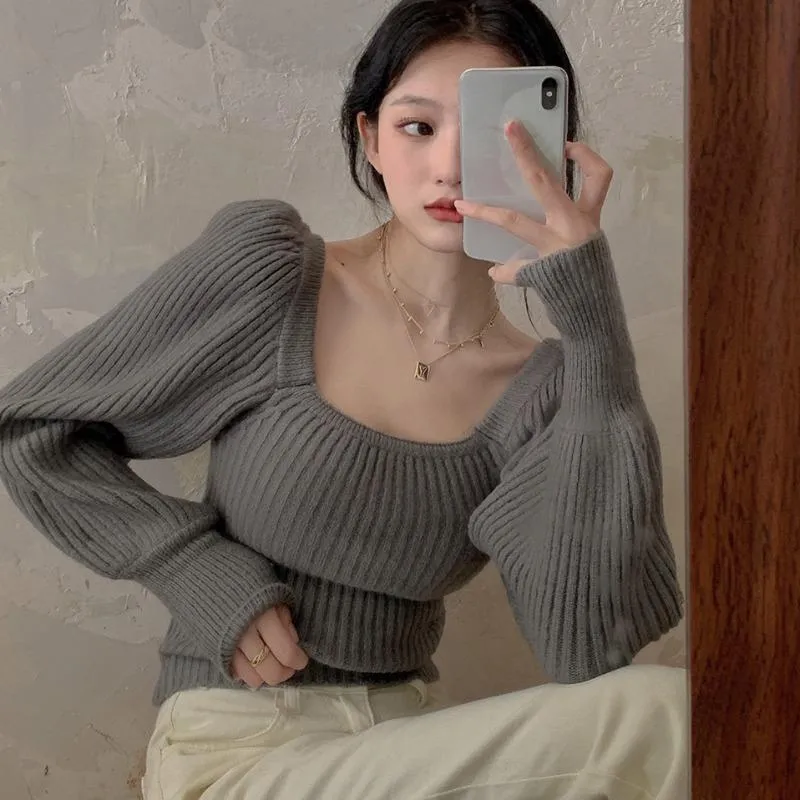 Swetry damskie Vintage Sweter Kwadratowy Kołnierz Solidny Zimowy Rękaw Puff Top Pullover Dla Kobiet Slim Koreański Odzież Mody Sexy Dzianiny