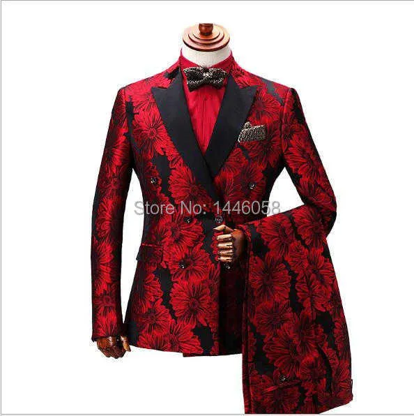 Kostym Homme Red Printed Dubbelbröst kostymer för män Terno Masculino Mäns Tuxedo Prom Party Passar Blom Bröllop Groom Suit X0909