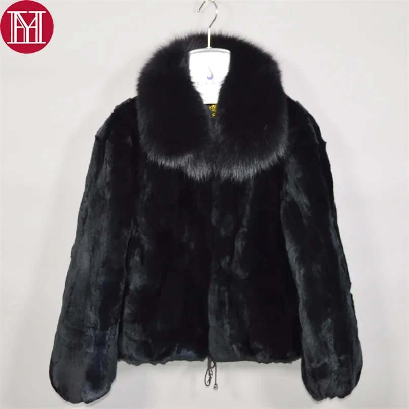 Style Women Winter Warm Soft Quality Real Rex Rabbit Fur Coat Short Jacket Big Collar Overcoat 211220