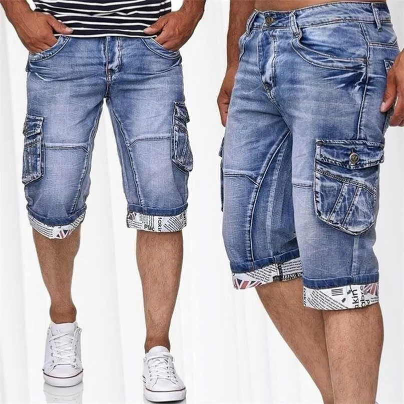 Jeans Männer Kurze Hosen Sommer Casual Streetwear Herren Kleidung Hip Hop Tasche Skinny Denim Jean Hose Shorts Blau 211108