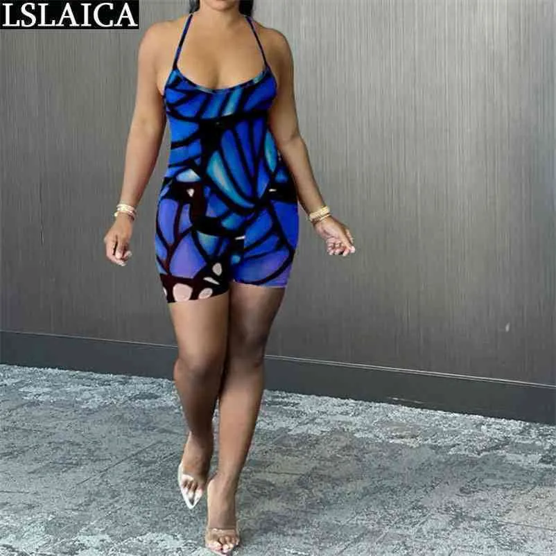 Sexy Rompers&Playsuits Backless Pleated Butterfly Printing Suspender Jumpsuit Personalized Skinny Women Fashion 210520