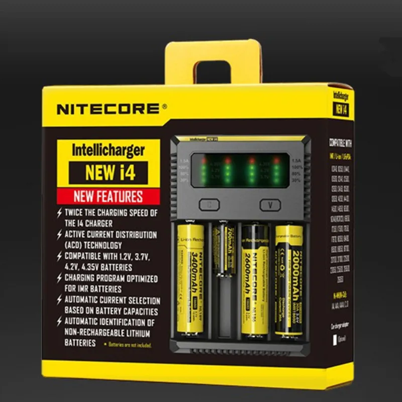 Nitecore / NetCor New I4 18650 4-slot Smart Ni MH Li Ion Batteriladdare AC100 ~ 240 50 / 60Hz / DC 12V 1.0A 18600 18350 14500 Batterier Multi-funktion